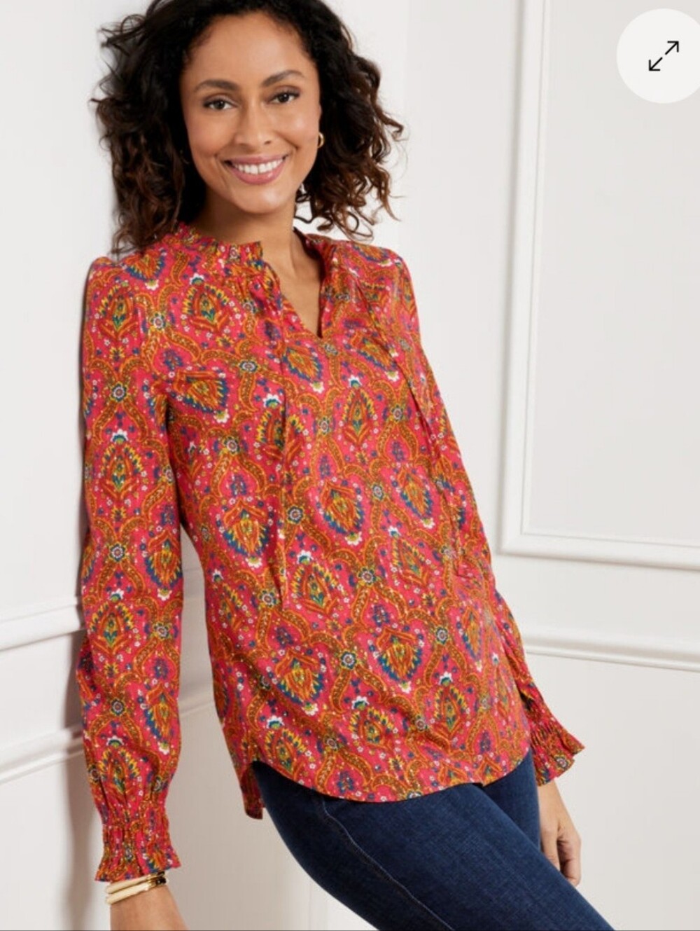 Talbots Ruffle Neck Blouse Floral Metallic Lattice Blouse Shirt Womens Size S
